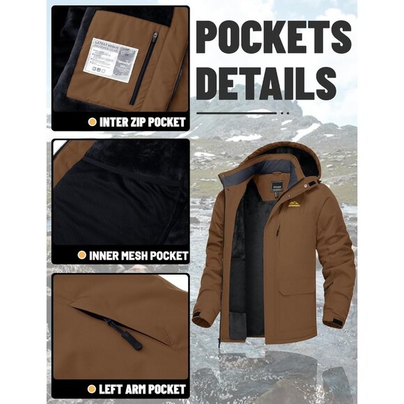 Men's Winter Coats  Brown with 9 Pockets Waterproof Ski Jacket Warm - Picture 5 of 7